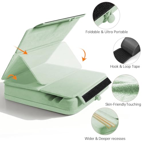 Image of Tablet Pillow Stand with Storage, Foldable iPad Holder for Lep, Bed, Sofa, and Desk - Soft Pad Dock with Pocket and Stylus Mount Compatible with 4-13 inch iPad Pro /Air /Mini, Galaxy Tab, Kindle