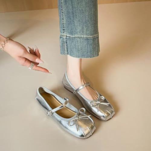 ChaiRong Zhou Women Bowknot Mary Jane Shoes Comfortable Round Toe Pu Leather Flats Buckle Strap Casual Ballet Party Dress Shoes4