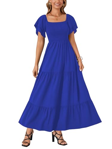 Image of LYANER Women's Square Neck Midi Dress | Summer Ruffle Short Sleeve Smocked Tiered Ruched Flowy A Line Party Casual Dresses