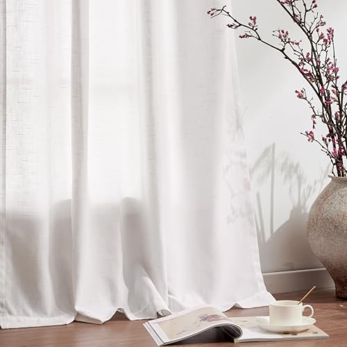 Image of jinchan Linen Curtains 63 Inch Light Filtering Grommet 2 Panels Set White