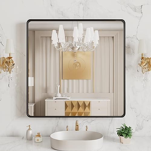 LOAAO 38x38 Inch Black Metal Framed Bathroom Mirror for Wall, Matte Black Bathroom Vanity Mirror Farmhouse, Large Rounded Rectangle Mirror, Anti-Rust, Tempered Glass, Hangs Horizontally or Vertically