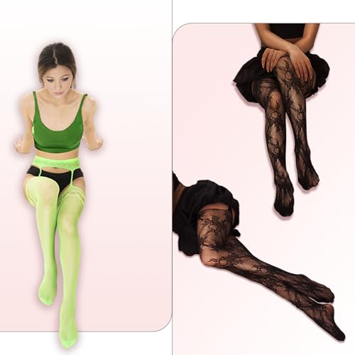 6 Pairs Fishnet Stockings for Women Thigh High Stockings Suspender Pantyhose Garter Belt Lace Tight 7