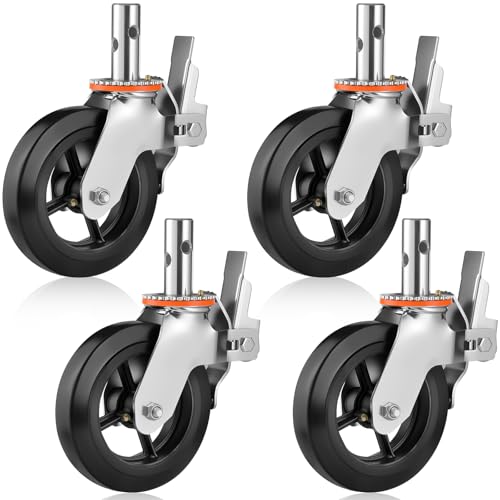 Homwin 8 inch Scaffolding Wheels Set of 4 with Dual Locking Brakes 1-3/8 Round Stem Caster Wheels Baker Scaffold Wheels Heavy Duty