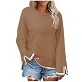 Trachtenbluse Damen Dirndl Bluse Schwarze Damen Langarmshirt Rundhals Gerippt Longshirt Locker Trachtenbluse Trompetenärmel Basic Shirt Musselin Bluse (Hellbraun, L)