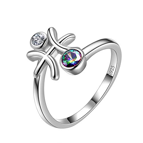 Aurora Tears Pisces Zodiac Rings Women 12 Constellation Horoscope Sign 925 Sterling Silver Mystic Rainbow Topaz Astrology Star Adjustable Birthday Gifts Fire Topaz Present DR0087Y