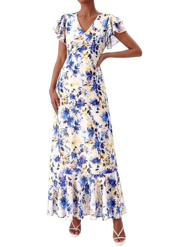 Image of PRETTYGARDEN Womens Summer Boho Floral Maxi Dress | V Neck Ruffle Sleeve Tiered A-Line Sundress, Lightweight Flowy Long Dresses for Spring Wedding Guest, Cocktail Party, Cruise
