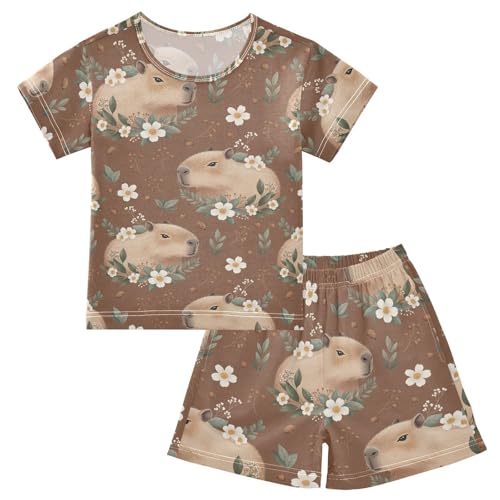 Pajama Short Sets Capybara Floral Brown Background Soft Cotton Summer Sleepwear 2 Piece PJS Size 5-14T