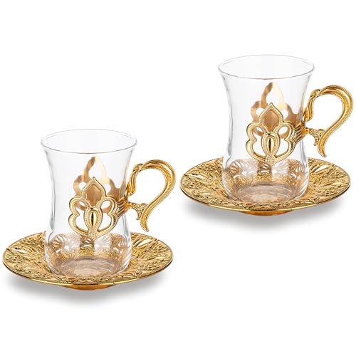 Alisveristime (LOT DE 2 Service à thé turc avec supports en zamac, tasses en verre et soucoupes – Capacité de 100 ml, style ottoman en or et argent (doré)