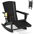 Polyhouz Adirondack Rocking Chair with Retractable Ottoman,Outdoor Folding Adirondack Chair with Cup Holder,HDPE All-Weather Patio Lounge Chair for Porch,Lawn, Poolside, Black