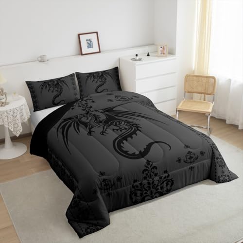 Image of Feelyou Dragon Bedding Set Kids Boys Teens Gothic Damask Paisley Floral Comforter Set Full Size Women Bohemian Exotic Duvet Insert Animal Theme Room Decor,Grey Black