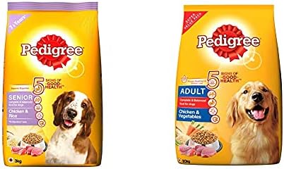 Pedigree Senior Dry Dog Food, Chicken & Rice, 3kg Pack & Adult Dry Dog Food, Chicken & Vegetables, 20kg Pack