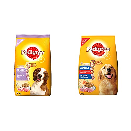 Pedigree Senior Dry Dog Food, Chicken & Rice, 3kg Pack & Adult Dry Dog Food, Chicken & Vegetables, 20kg Pack