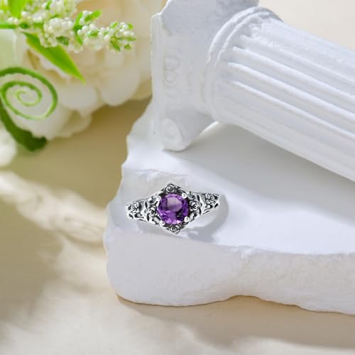 Vintage Style 1 Carat Round Cut Birthstone Ring 925 Sterling Silver Stone with Oxidized Rose Filigree Anniversary Engagement Ring for Women Gifts Size 5-123