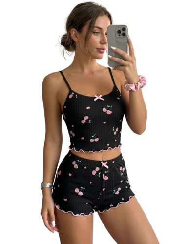 Image of Gatamiau Women’s 2 Pieces Heart Print Summer Pajama Set Scoop Neck Sleeveless Cami Tops + Shorts, Sexy Sleepwear PJ Set Soft Loungewear Nightwear (UK, Alpha, M, Regular, Regular, Black+Pink-Cherry)
