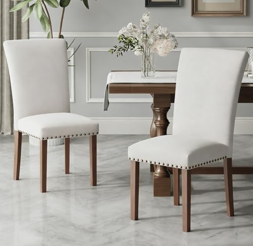Set of 2 Beige Upholstered Dining Chairs – Farmhouse Kitchen Chairs with High Back, Solid Rubberwood Legs, Padded Foam Seat & Bronze Nailhead Trim, Comfortable Dining Room Chairs for Home, Living Room