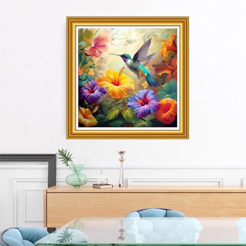 Image of Foxhool Stamped Cross Stitch Kits,11CT Printed Cross Stitch Pattern Full Embroidery Kits for Beginner Needlepoint Kits&Hummingbird Picking Flowers 18x18 inch