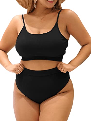 Romwe Women's Plus 2 Piece Ribbed High Waist Bikini Sets Basic Swimsuits Solid Bathing Suits Swimwear Black 3Xl #TOP22