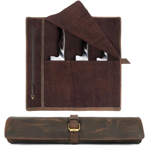 Image of ELIZO Personalized Leather Knife Roll Chef Knife Bag, Custom Monogram Travel Storage Carrying Case Wrap Holder for Professional Chefs, Embossed Grizzly