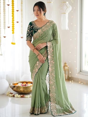 Image of SIRIL Women's Shimmer Georgette Scalloped Border Sequins Embroidery Saree with Unstitched Blouse Piece