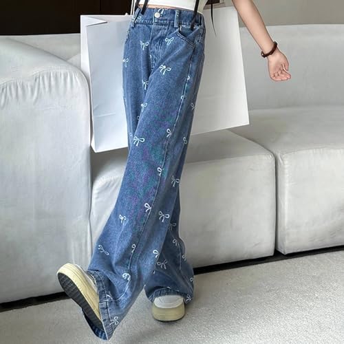 Kids Girls Jeans Washed Elastic Waist Baggy Wide Leg Straight Denim Jeans Vintage Streetwear with Pockets (Blue, 9-10 Years)3