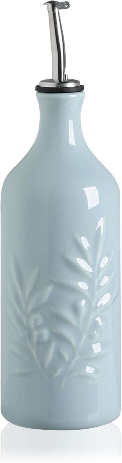 Sweejar Home Ceramic Olive Oil Dispenser Bottle, 570ml Relief Opaque Oil Cruet Protects to Reduce Oxidation, Suitable For Storage Of Oil, Vinegar, Soy Sauce, Coffee Syrup, Liquids (Light Blue)