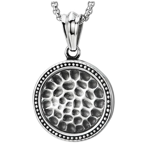 Collier pour homme femme en acier inoxydable avec pendentif cercle martelé et chaîne de blé 75cm