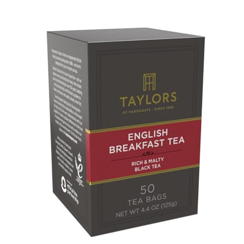 Image of Taylors of Harrogate English Breakfast, Black Tea, Pillow Tea Bags, 50 Count (Pack of 1), Rich, Bright & Malty, Caffeinated, Enjoy Hot or Iced, 50 Teabags