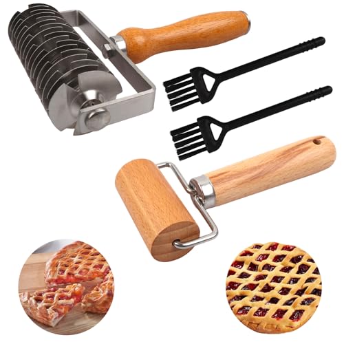 4pcs Cortador de Rodillo de Celosía de Masa, Rodillo Cortapastas en Acero Inoxidable con Mango de Madera, Set Utensilios de Repostería con Rodillo y Cepillos para Hojaldre Pizza Galletas Pan