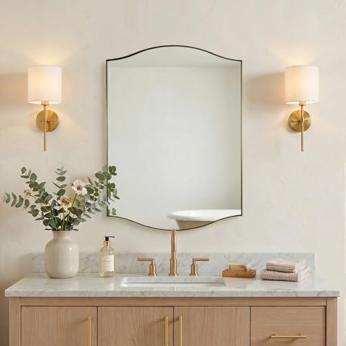 Image of ANDY STAR Gold Bathroom Mirror, 22 inchx30 inch Scalloped Wall Mirror in Stainless Steel Metal Frame, Unique Vanity Mirror with Modern Curved Edge Design, Ideal for Bathroom, Bedroom, Entryway