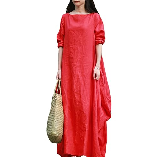 Image of Women's 2025 Spring 100% Linen Long Dress with Long Sleeve Maxi Dress Casual Loose Fitin Solid Color Pockets