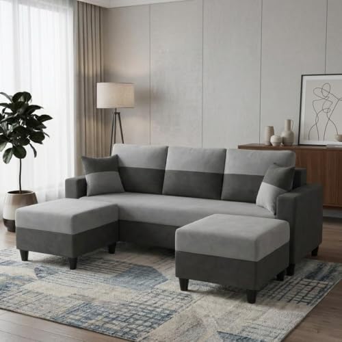 Image of Cavo 5 Seater L Shape Sofa Set with 2 Movable Ottomans | Flexible Layout | Luxury Velvet Suede Fabric | Modern Living Room Sofa | Dark Grey-Light Grey