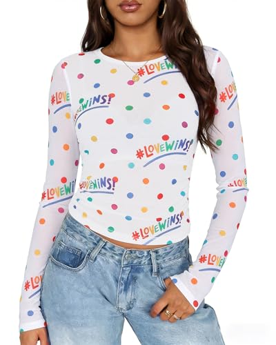 Image of MOUSYA Sheer Tops for Women Mesh Long Sleeve Top See Through Sexy Going Out Tee Summer Crewneck Party Undershirt