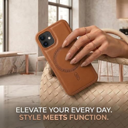 Image of amazon basics Premium PU Leather Case for iPhone 11, MagSafe Compatible Magnetic Ring, Sleek Protective Back Cover - [Tan]
