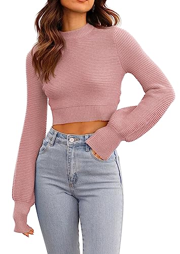 Image of Womens Sexy Crew Neck Cropped Sweaters Knit Long Sleeve Crop Tops Pullover