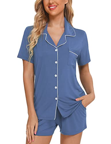 Image of Pjmlifecoco Women's Modal Pajama Set Short Sleeve Button Down Two Piece Soft Sleepwear with Shorts Loungewear S-XXL