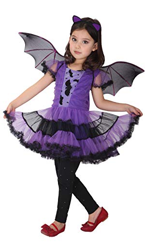 GEMVIE Déguisement Chauve-Souris Fille Costume Vampire Chauve-Souris Cosplay Halloween Toussaint Carnaval Soirée Robe Tutu pour Fille 3-12 Ans (7-9 ans)