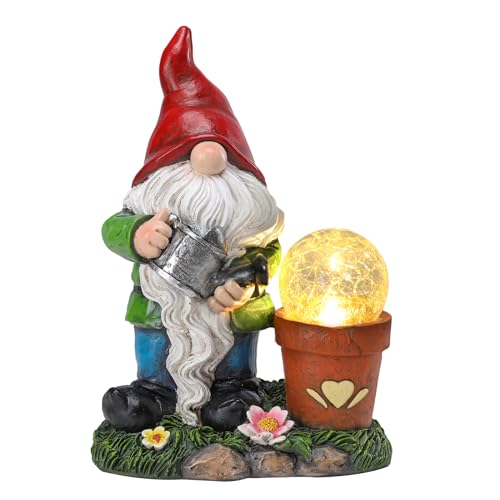 Ovewios Garden Gnome Statue, Resin Pots with Crack Ball Gnome Figurine with Solar Lights for Porch Patio Yard Outdoor Decor