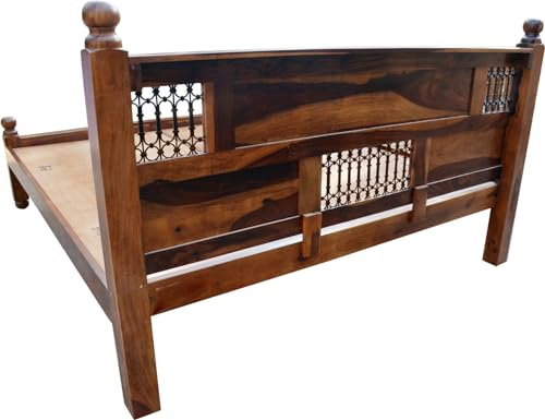 Image of Solid Sheesham Wood King Size Bed Without Storage | Wooden Double Bed Frame for Guest Room Modern Handcrafted & with Headboard |Honey Walnut Finish