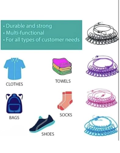 Image of eumqestoer Cloth Drying Rope with Hooks | Elastic Hanging Rope for Cloth Drying with 12 Clips | Cloth Rope for Drying Clothes for Travel Home Outdoor | Kapde Sukhane Ki Rassi | (Pack of 1)