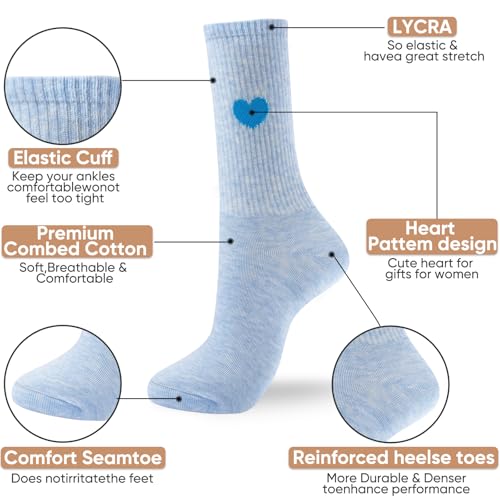 Image of Corlap Women's Cotton Crew Calf Socks - 5 Pairs Ankle High Dress Casual Socks, Fun Cute Heart Gifts for Mom Mother