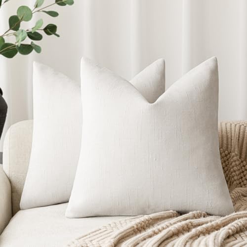 Image of Foindtower Pack of 2 Soft Textured Chenille Throw Decorative Pillow Covers Square Accent Solid Cushion Cover Neutral Farmhouse Pillow Case for Couch Sofa Bedroom Living Room 22x22 Inch, Ivory White