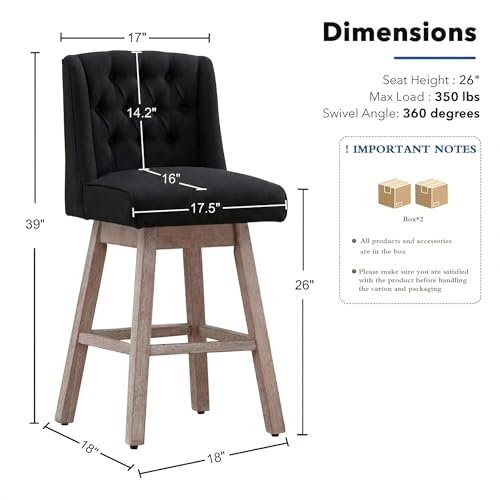 Image of Counter Height Bar Stools Set of 3, 360Swivel Bar Stools with Back and Wood Legs, 26 inch Morden Linen Fabric Upholstered Barstools for Kitchen Island Dining Room Bar
