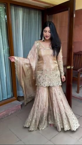 Image of Embroidered Sharara Set, Beige, Net Fabric, Sequin Work, 3-Piece Suit with Dupatta (IN, Alpha, L, Regular)