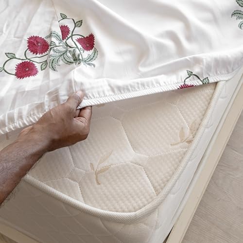 Image of HOMEMONDE 100% Cotton Fitted Bed Sheet Red Rose Floral Printed All Around Elastic Bedsheet | 210 TC Soft Breathable Luxury Bedding | Perfect for Home Decor & Gifting