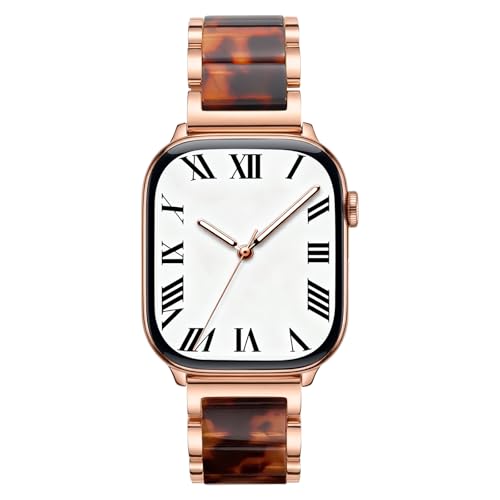 Image of V.R.HOPE Apple Watch Band for Women 38mm 40mm 41mm 42mm Fashion Rose Gold Stainless Steel Metal Strap with Resin Inlay, Fashion Bracelet Compatible with iWatch Series 11 /10 /9 /8 /7 /6 /5 /4 /3 /2 /1 /SE (Tortoise+Rose Gold)