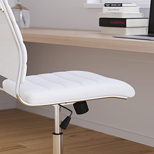 Merrick Lane Corrina White Ergonomic Swivel Office Chair Ribbed Faux Leather Back And Seat Mid-Back Armless Computer Desk Chair With Chrome Base #TOP4