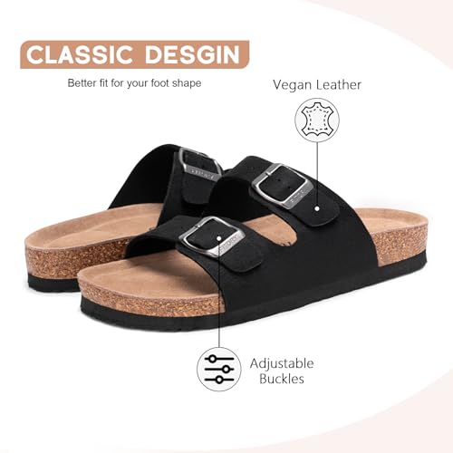 Image of FITORY Womens Flat Sandals with Cork Footbed, Open Toe Arch Support Slides Adjustable Slip On Slippers for Summer 2026 Size 6-11