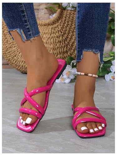 GORGLITTER Women's Criss Cross Strappy Flat Sandals Square Open Toe Dressy Summer Vacation 2025 Slip on Slide Shoes4