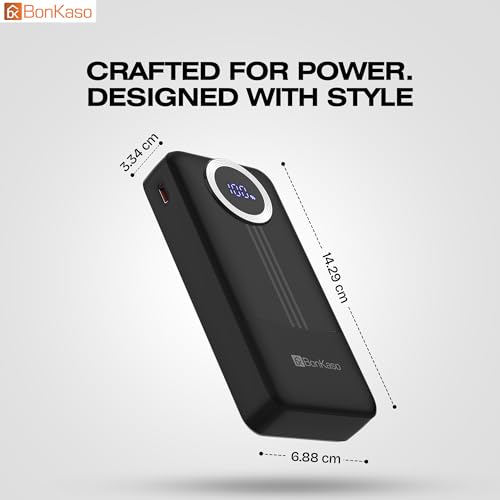 Image of BonKaso 20000mAh Power Bank 22.5W PD Fast Charging with Built-in Type-C Cable, USB-A & Type-C Output, Digital LED Display, Portable Slim Powerbank for iPhone, Android, Tablets - Black