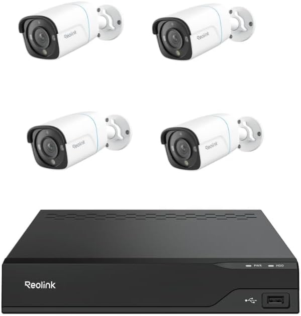 REOLINK 4K Professional PoE Security Camera for Home Surveillance, Outdoor IP Camera with Color Night Vision, 4X RP-PCB8M bundel 8CH NVR RP-PN8(HDD Not Included)